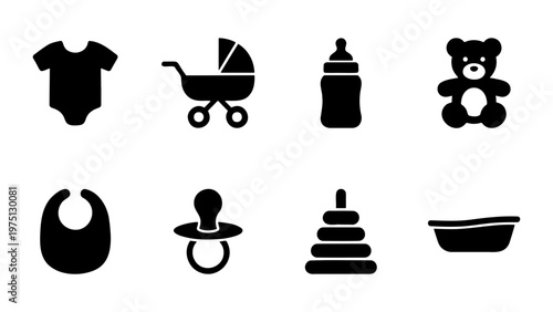 Baby care icon set with 8 black silhouettes, newborn nursery equipment collection, infant accessories vector graphics for parenting apps