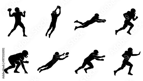 American football player silhouettes, 8 action poses of athletes in motion, black vector icons of football players jumping and running
