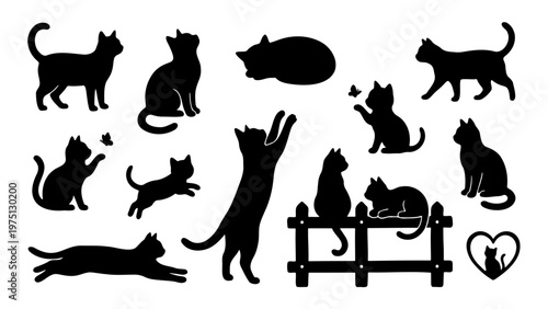 Black cat silhouette collection, 13 feline vector elements in various poses, domestic cat silhouettes playing and jumping, pet animal icons for design