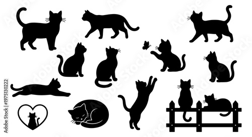 Black cat silhouette collection, set of 12 feline vector icons in various poses, domestic cat silhouettes with butterfly and fence elements