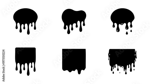 Black dripping paint silhouettes, set of 6 liquid drip vector elements, melting ink splatters and flowing oil drops on white background