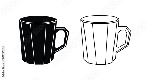 Two ceramic mugs one black one white displayed side by side depicted as a silhouette