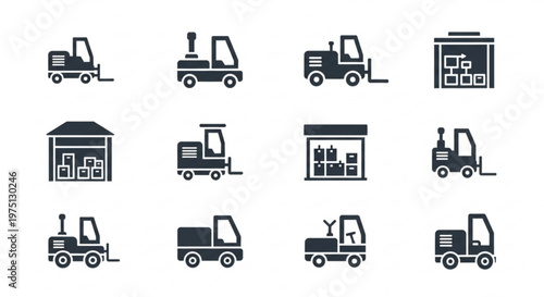 A set of black and white vector icons depicting various forklift trucks and warehouse scenes