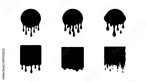 Black dripping paint silhouettes, set of 6 liquid drip circle and square shapes, melting ink splatter vector icons for street art and graphic design