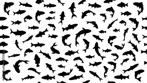 Black fish silhouettes seamless pattern, aquatic animal school vector background, monochrome underwater sea life wallpaper for textile design