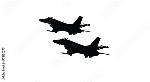 Two fighter jets soar against a white background depicted as a striking silhouette