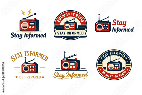Vintage emergency radio logos with stay informed slogan
