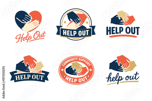 Help out logos: community support, hands in unity, charity symbols