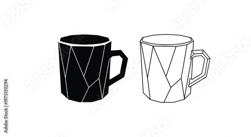 Geometric mug design with black and white versions showcasing a striking silhouette
