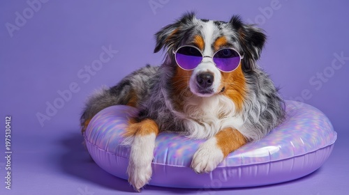 Cute Australian Shepherd dog wearing stylish sunglasses and a colorful inflatable swim ring on a lilac background.