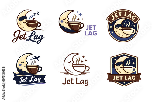 Moon and coffee jet lag emblems with cartoon moon characters and text