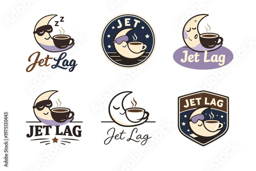 Jet lag coffee logos with sleepy moon and cup designs