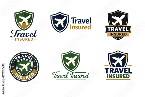 Set of travel insured logos featuring airplane and shield designs