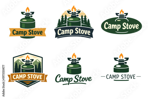 Vintage camping stove logos featuring forest and mountain imagery