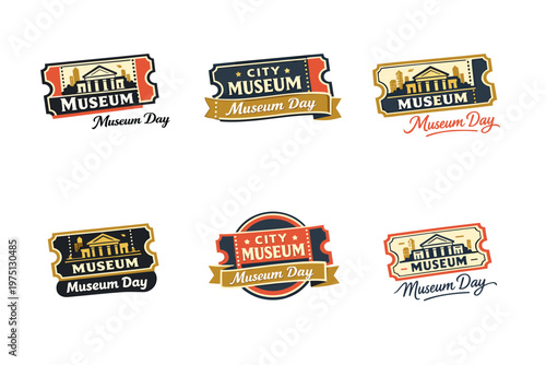 Museum day ticket designs collection with cityscape themes