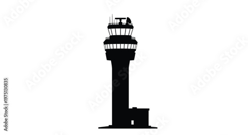 Tall airport control tower stands prominently against a stark white background silhouette