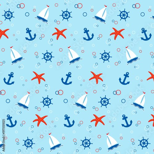 Blue background with yachts and anchors.Vector seamless pattern with ship rigging, sailboats and starfish on a colored background.