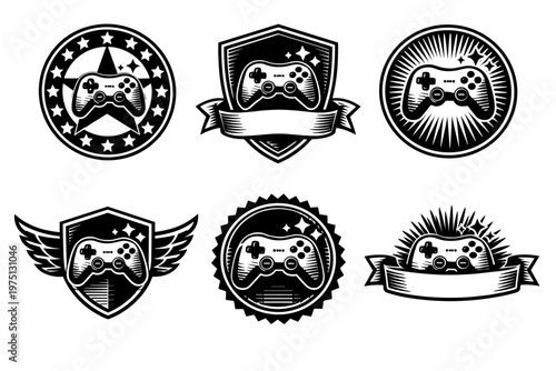 Set of vintage gaming emblems featuring retro controllers and shields