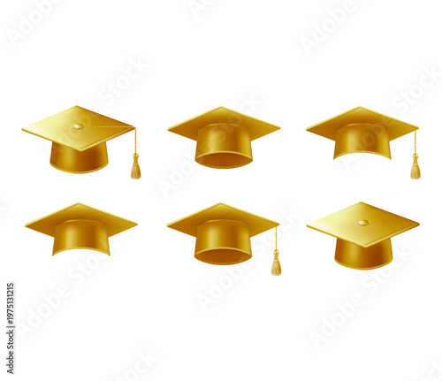 Realistic gold graduate caps set. 3D Graduation Doctoral hat