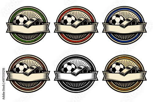 Colorful soccer badges with balls and whistles in vintage style
