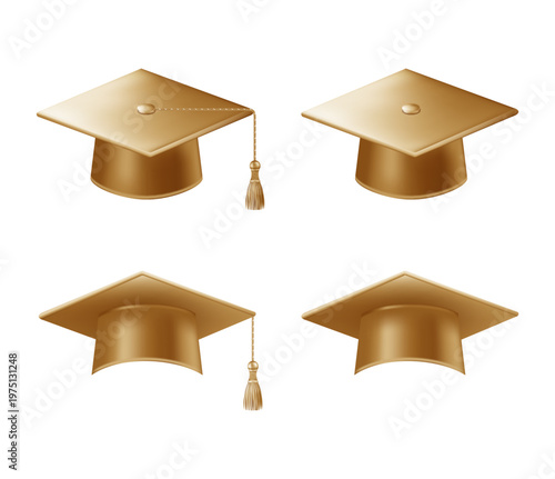 Realistic gold graduate caps set. 3D Graduation Doctoral hat