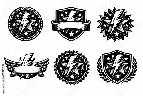 Vintage lightning bolt emblems with stars and wings
