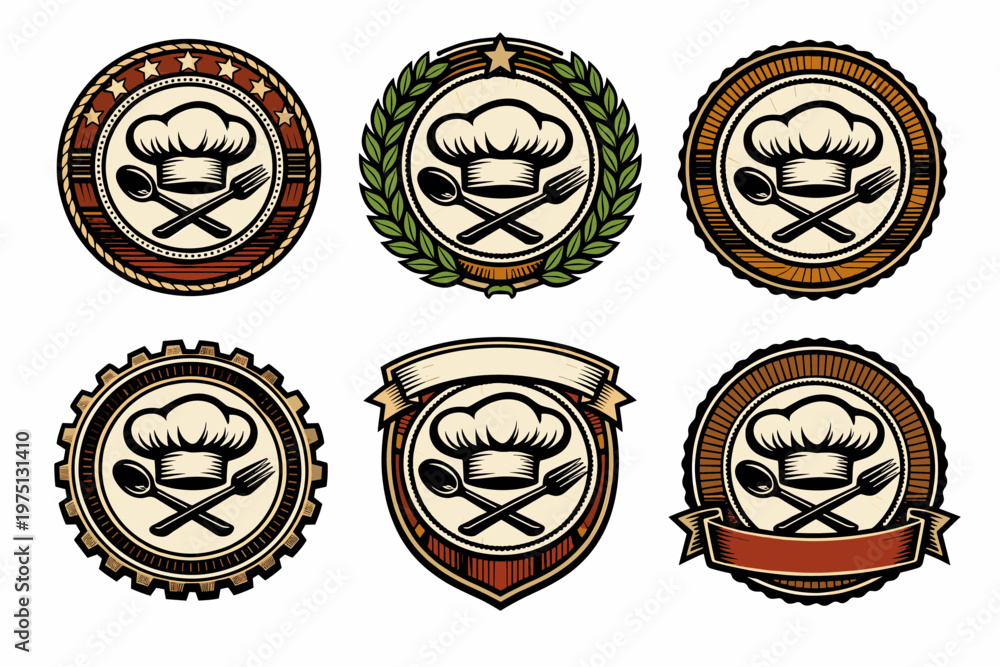Naklejka premium Vintage culinary emblems featuring chef hat and utensils in various designs