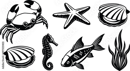 Black and white sea creatures set crab starfish clam seahorse fish and seaweed vector art