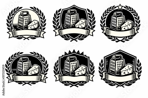 Vintage cheese grater and block logos with laurel and blank banners