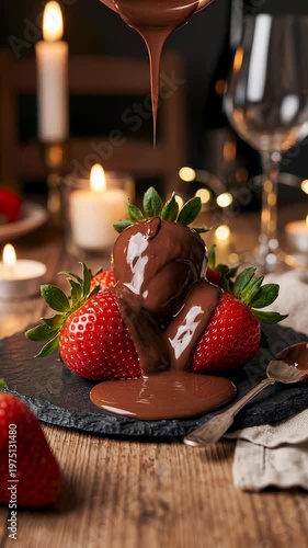 Pouring melted chocolate over fresh strawberries with candles