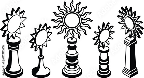 Black and white sun trophy set five pedestal silhouettes in line art