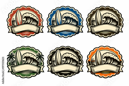 Vintage surf badge collection with waves and surfboards in bold colors