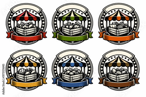 Vintage farmers market logos with colorful produce baskets and striped awnings
