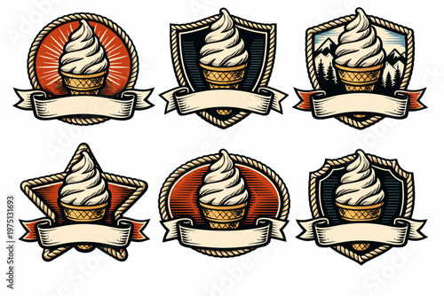 Vintage ice cream badges with cones in retro styled shields and banners