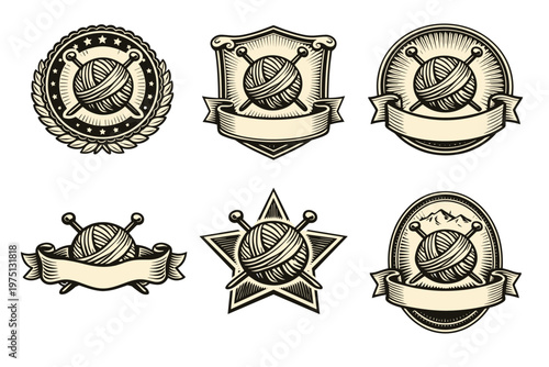 Vintage knitting emblems with yarn and needles in ornate badges
