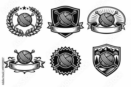 Vintage yarn and needles logos with banners and shields