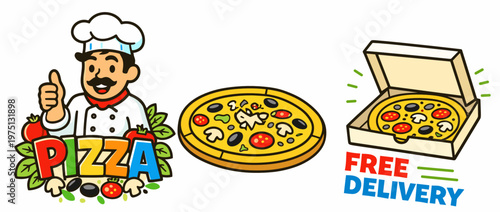 Flat vector pizza set with chef mascot, whole pizza, open box and free delivery text on a white background. Promotional fast food collection for menus, coupons, ads and takeaway branding.