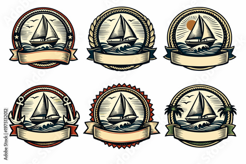 Nautical badge collection with sailboats and ocean themes