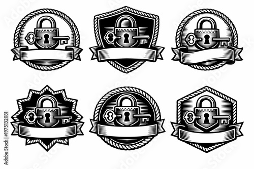 Vintage lock and key emblem set with banners in monochrome design