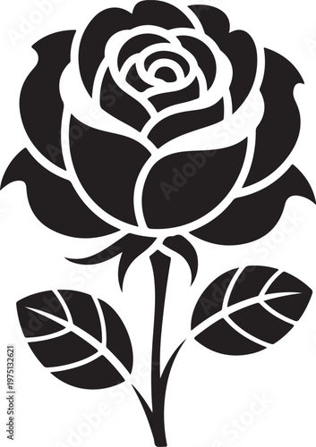 Black and white rose flower stencil with stem and leaves isolated on a white background