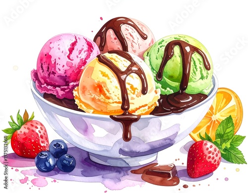 A vibrant watercolor illustration showcases scoops of colorful ice cream in a bowl, drizzled with chocolate, alongside fresh fruits