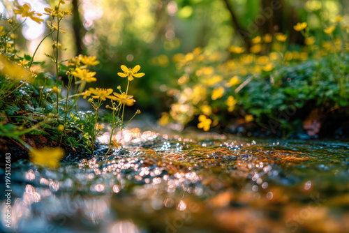 Vibrant yellow wildflowers blooming beside a gently flowing stream in a sunlit forest with soft focus background and sparkling water reflections
