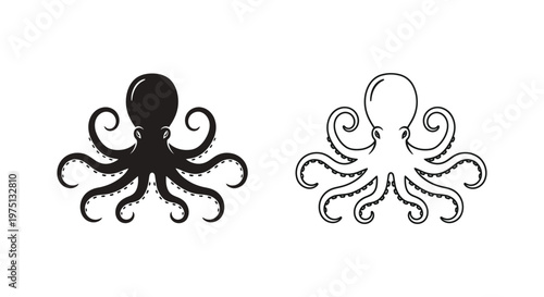 Cute Octopus Designs: Minimalist Art & Black White Illustrations Vector