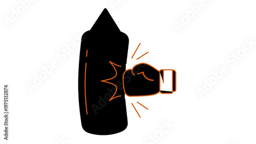 Vector icon illustration of a boxing glove striking a heavy punching bag. Minimalist flat design silhouette with orange outlines, ideal for gym, fitness, combat sports, and workout concepts.