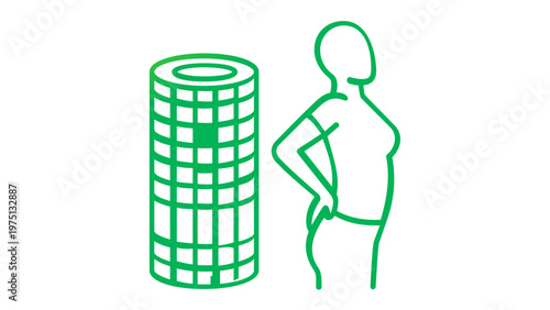 Minimalist green gradient vector illustration icon of a person standing beside a professional boxing punching bag for fitness training, gym workout, and combat sports exercise routine.