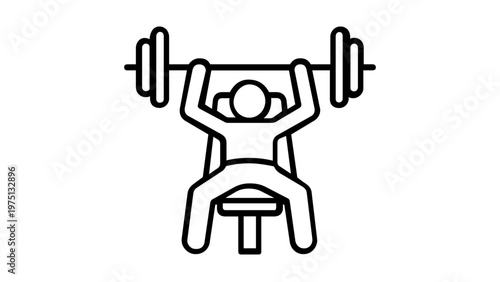 Minimalist vector icon illustration of a person performing a bench press with a heavy barbell on a weight bench, ideal for fitness, gym, bodybuilding, strength training, and workout applications.