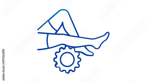 Minimalist blue gradient vector icon illustration of human legs and a mechanical gear, symbolizing physical therapy, prosthetic engineering, body mechanics, and health maintenance services.