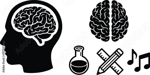 Black and white vector art brain silhouette with profile head flask pencil ruler and music notes