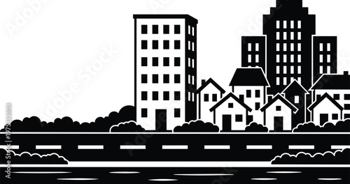 Black and white city skyline with houses road and waterfront reflection vector art