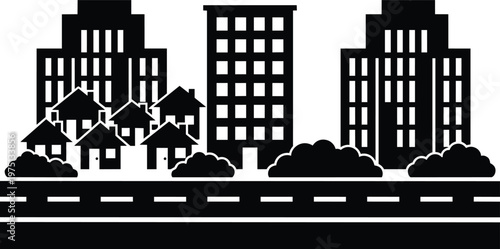 Black and white vector skyline with row of houses midrise and highrise buildings by road
